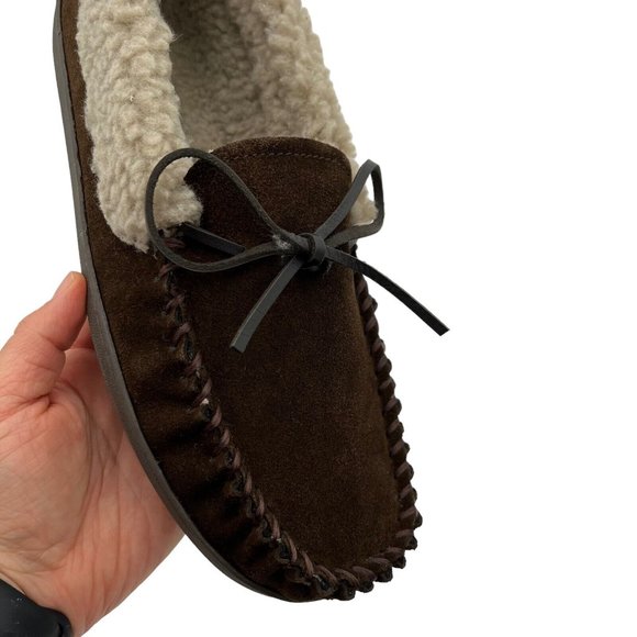 Minnetonka Mens Moccasin Slippers Size 10 Chocolate Suede Upper Faux Fur Lining - Picture 9 of 16